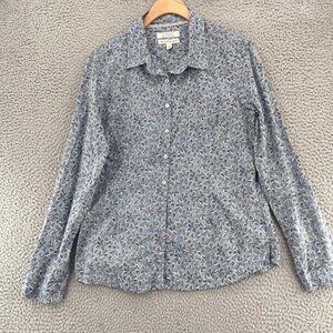 Seasalt Shirt Women 6 Larissa Blue Leaf Floral Button Up Roll Tab Organic Cotton